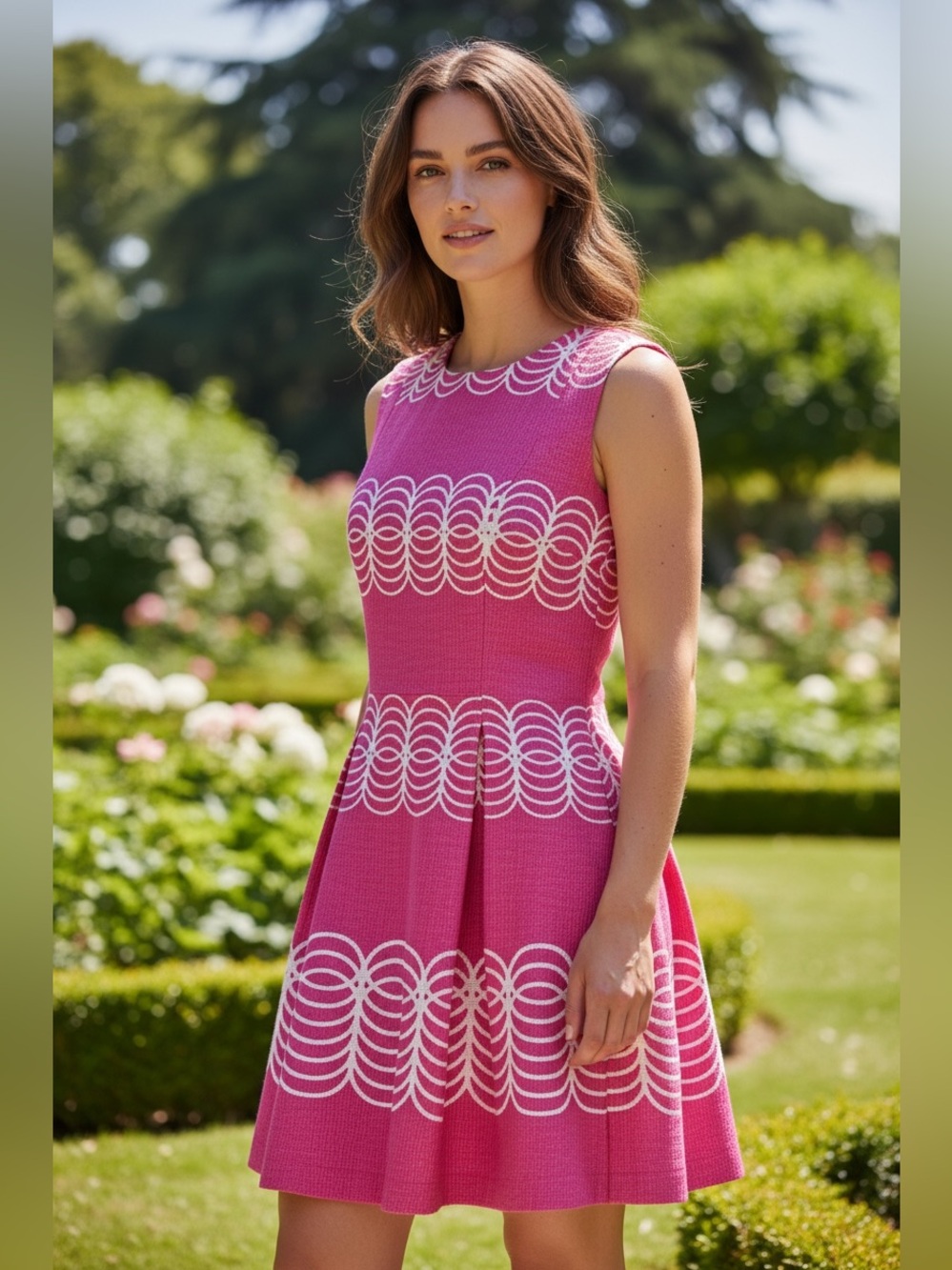 Just...Taylor Hot Pink & White Pleated Sleeveless Fit-and-Flare Dress Size 14